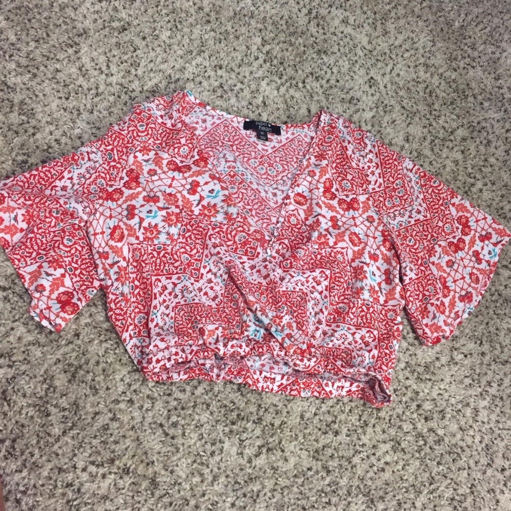 LF Cropped Low Cut Boho Red Printed Short Blouse 8